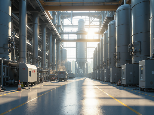 现代化工厂外景，大型工业建筑，蓝天白云背景，体现企业规模实力